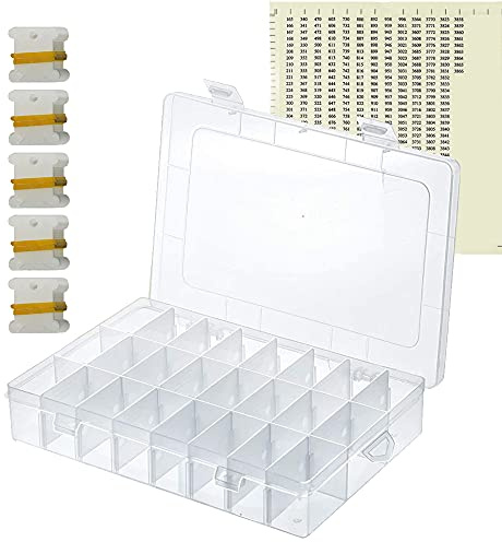 Caja de acabado de hilo dental bordado 24 mallas ajustables con 50 carretes de hilo dental de plástico y 552 pegatinas de número de hilo dental para costura cruzada y almacenamiento de costura DIY