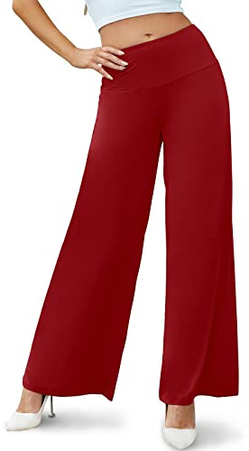 Cegerne Pantaloni da Donna Pantaloni Palazzo Elasticizzati a Gamba Larga a Vita Alta, Vino Rosso, M