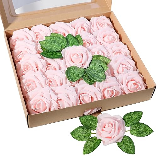 25 rose artificiali in schiuma, rosa champagne, realistiche al tatto, rose artificiali in schiuma con stelo, fiori finti per bouquet di nozze, fai da te, San Valentino, decorazioni per la casa