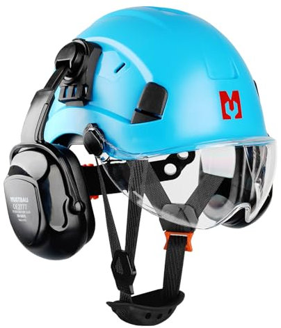 Mustbau Casque de Sécurité, Casques de Protection EN397 avec Coquilles Antibruit et Visière, 53 à 63 cm Tour de Tête Réglable, Matériau ABS Résistant pour Hommes Femmes - Bleu