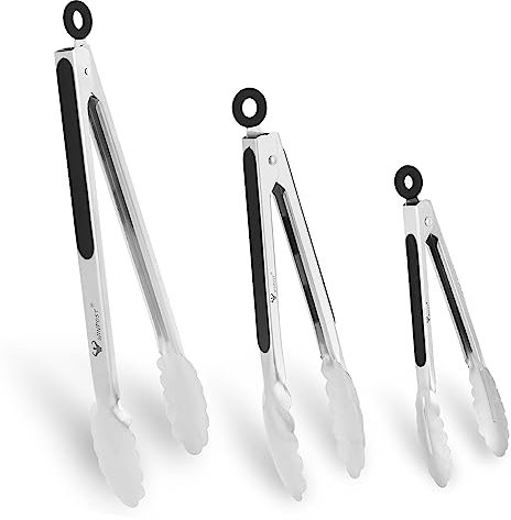 WINPOST Stainless Steel Kitchen Tongs Set of 3-21cm,27cm and 34cm,Stainless Steel and Non-Slip Heat Resistant Handle - Great for Cooking, Salad, Grilling and Barbecue (21cm+27cm+34cm, Black)