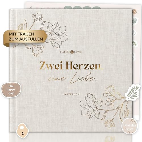 LEBENSKOMPASS Gästebuch Hochzeit Leinen Hochzeitsbuch mit interaktiven Seiten zum ausfüllen & inklusive Sticker - Stabiles Hardcover mit Goldveredelung