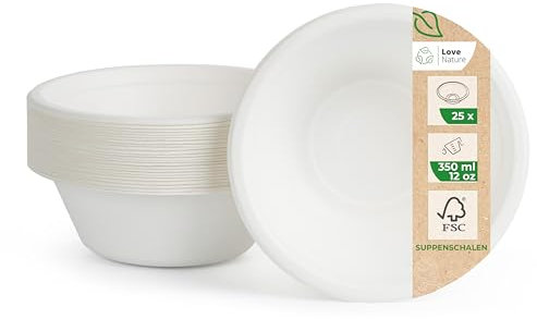 Love Nature Ökologische Einweg Suppenschalen aus Zuckerrohr Schnitzel - (350ml - 25 Stück) Suppenschüssel mit langanhaltender Wärmespeicherung - Langlebige Suppenteller Einweg - Einwegschalen