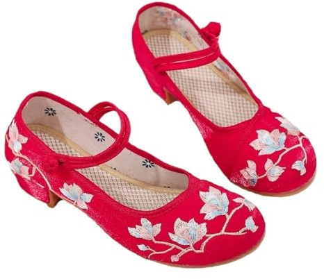 Zapatos De Lona Con Bordado Chino Para Mujer Informales Transpirables Cómodos Con Punta Redonda Zapatos De Ballet Suaves Estilo Tradicional Vintage Mary Jane Yoga Walk Show Shoes ( Color : Red , Size