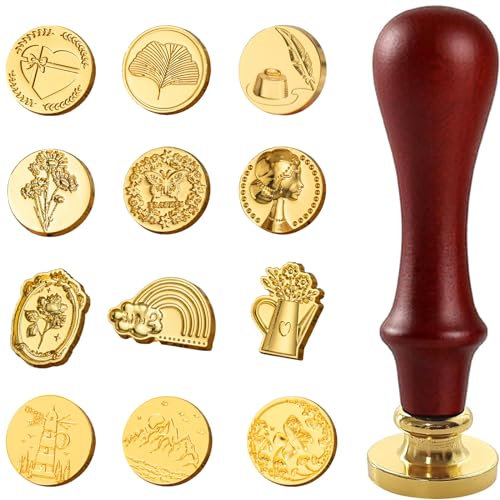 Upgrade 12 Stück Siegelstempels,Wachssiegel Stempel mit 1Abnehmbar Holzgriff,Siegelstempel Set mit Aufbewahrungsbox,Siegelwachs Stempel für Einladungen,Umschläge,Geschenkverpackungen