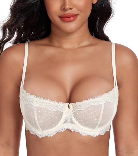 Lemorosy-Sujetador Mujer de Encaje Balconette Media Copa con Aros Sexy Malla Semi-Transparente sin Relleno Push up(Beige,100C)