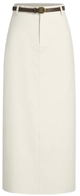 CIDER French Riviera Vacation Linen-Blend Mid Rise Solid Midi Skirt with Belt: Beige, M