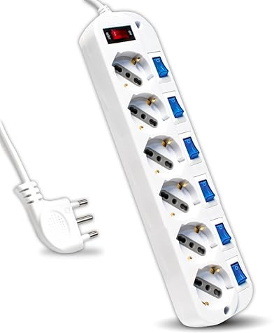 V-TAC Multipresa Elettrica con Interruttori Indipendenti - 6 Prese 10/16A Bipasso + Schuko - Spina 16A - Presa Elettrica per Casa, Ufficio, Negozio - Ciabatta - Colore Bianco