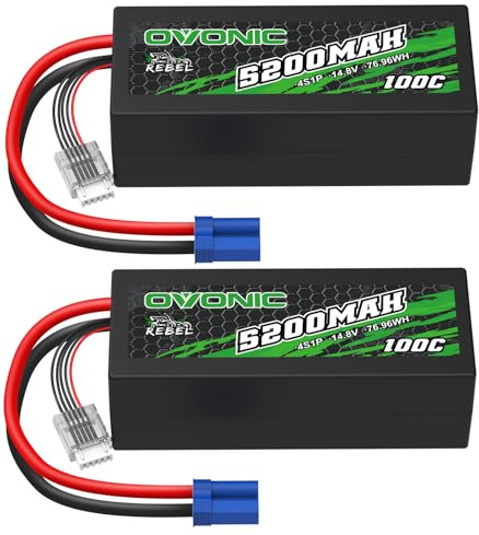 OVONIC Batteria Lipo da 4 s, 14,8 V, 100 C, 5200 mAh, con spina a T per RC auto, Truggy, quadricottero, elicottero, camion, barca, aereo (2 pezzi)