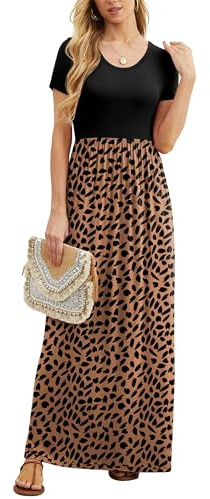 GRECERELLE Womens Maxi Dress Summer Casual Ladies Short Sleeve Crew Neck Long Dresses with Pocket for Daily, Holiday, Travel, Maternity (Khaki Love, XXXL)