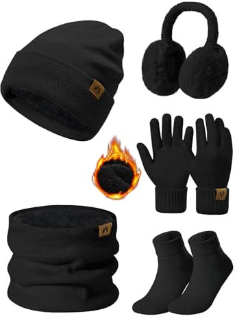 UMIPUBO Mütze Schal Handschuhe Damen Winter Set Wintermütze Fleece Gefütterte Beanie Loop Schlauchschal Wärmer Touchscreen Plüsch Ohrenwärmer Verdickte Ohrenschützer Socken-5 Stück Set，Schwarz