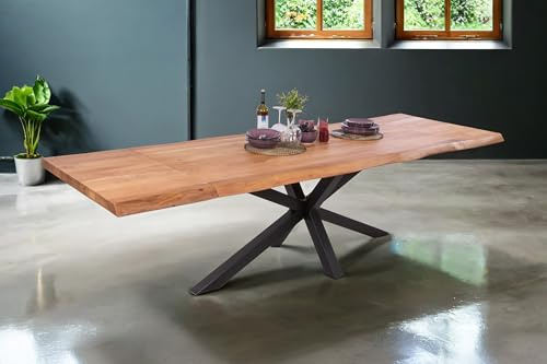 SAM Esstisch Cali mit Ansteckplatten | 180 x 90 cm (erweiterbar auf 280 x 90 cm) | Akazie massiv & naturfarben | echte Baumkante | Spider-Gestell Metall schwarz | Baumkantentisch/Esszimmertisch