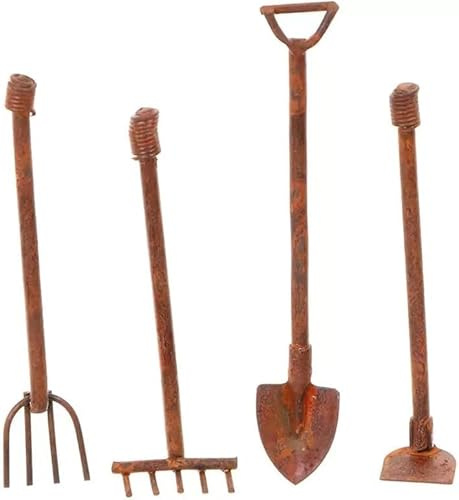 4 Pcs/Set Miniature Dollhouse Garden Tools 1:12 Mini Rusty Shovel Hoe and Pitchfork Fairy Garden Accessories Furniture Ornaments Micro Landscape Decor Garden Sculptures Statues Dollhouse Accessories