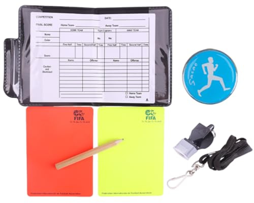 WUSJCOF 1 Set de Árbitro de Fútbol, Tarjetas Roja y Amarilla, Silbato con Doble Clip, Cordón, Estuche y Libro de Puntuación para Partidos de Fútbol, Deportes y Actividades Escolares