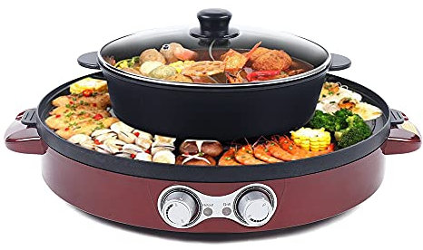 2 in 1 Hotpot und Raclette grill, Hot Pot Elektrischer, Heizelement aus Edelstahl, Korean BBQ Grill, Antihaft-Beschichtung, Hotpot Pot für Simmer, Kochen, Braten (Rot)