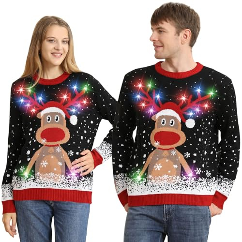 Kouric Maglione Natalizio Uomo con Luci, Maglione Natalizio Donna Divertenti, Girocollo Maglioni Natalizi Famiglia LED Ugly Christmas Sweater, Brutti Maglioni di Natale per Uomo/Donna/Coppia/Bambino