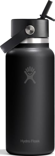 Hydro Flask Water Bottle - Insulated Stainless Steel - Wide Mouth Flex Straw Lid, Non Spill, Leakproof and Refillable in 32 Oz Tonal Black