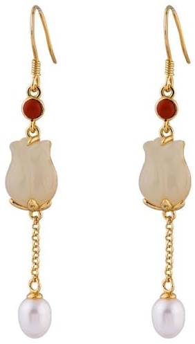 S925 Silver med Natural White Jade Tulip Örhängen för kvinnor Yoga Äkta 1