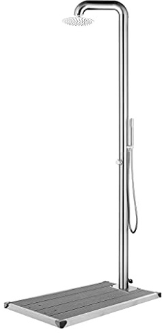 LoogCape Trädgårdsdusch med grå bottenplatta i rostfritt stål 230 cm för trädgård, pool, utomhus med huvuddusch, handdusch, väderbeständig WPC-golv och hållbar design