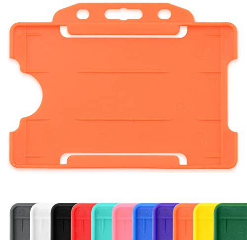 Orange Single-Sided Rigid Slide in Open Faced ID Card Badge Holders Horizontal/Landscape Identity Plastic Pass Protector - Holds a 86mm 54mm cr80 Credit Card Sized Pack of 100