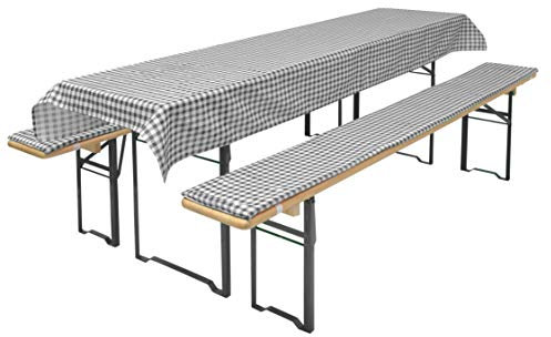 Brandsseller Auflagenset für Bierzeltgarnituren 3-teilig 2 Bankauflagen gepolstert 220x25 cm und 1 Tischdecke 240x70 cm für alle gängigen Festzeltgarnituren Bierbankauflagen Outdoor - Grau Kariert