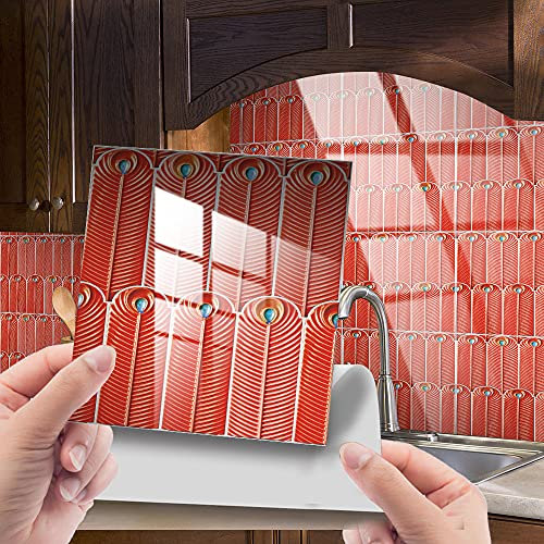 25pcs Wall Tile Stickers, Hiser Square Retro Peacock feather Mosaic Style Waterproof Decals Sticker for Kitchen Living Room Bathroom Home Floor DIY Decor Self-Adhesive (Red,15x15cm)