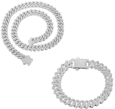 HALUKAKAH Plaqué Platine Lien Cubain Bracelet Collier Bijoux avec Diamants pour Hommes,Plus 1500 Diamants de Laboratoire,Largeur 12mm Longueur 20cm,45cm avec Boîte Cadeau