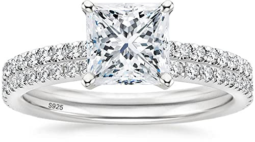EAMTI 2.5CT 925 Sterling Silver Bridal Ring Sets Princess Cut CZ Engagement Promise Rings for Her Wedding Bands for Women Size 8.5