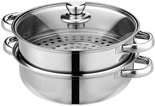 Steamer Pot for Cooking 11 inch Stainless Steel, 2-tier Multipurpose 18/8 Stainless Steel Steam Pot Cookware with Lid for Vegetable, Dumpling, Stock, Sauce, Food