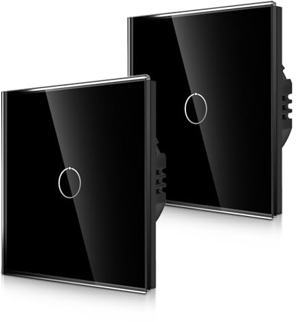CNBINGO 2-pack 1-vägs beröringsljusbrytare - svart väggbrytare med glaspanel och status-LED-bakgrundsbelysning - ingen neutral kabel krävs - 500 W/Fach - 1 gäng | Touch-brytare, ingen neutral ledare krävs, enkel väggströmbrytare med status LED och glaspanel, 500 W/fack