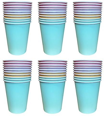 Kissymix Pastel Paper Cups 60 Colourful Disposable Paper Party Cups - Blue, Yellow, Purple and Pink Cups for Birthdays, Parties and Celebrations
