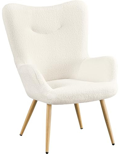 Yaheetech Poltrona da Salotto in Tessuto Bouclé e Metallo Imbottita con Schienale Braccioli per Camera da letto/Caffè/Studio/Lettura Avorio