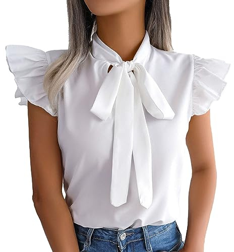 BKEPDY Blusa Mujer Elegante con Lazo Manga Corta Camiseta Verano Cuello Camisa Volantes Top Oficina Casual Blusas Moda Primavera Ropa Basica