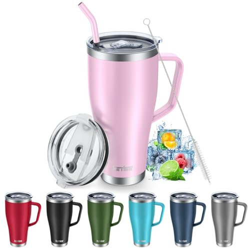 KETIEE Thermobecher mit Strohhalm 850ml- Kaffeebecher to go mit 2 Deckeln 30oz Edelstahl Isolierbecher mit Griff Autobecher Trinkbecher Tumbler Kaffeetasse für Heißer und Kalter Getränke, Rosa
