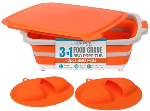 BIRDROCK HOME Collapsible Large BBQ Prep Tub w/Cutting Board, Multi-Function Grill Caddy w/Colander & Lid, Portable Silicone Dish Bowl for Picnic, Tailgate, Camping - Orange + 2pc BBQ Mitts