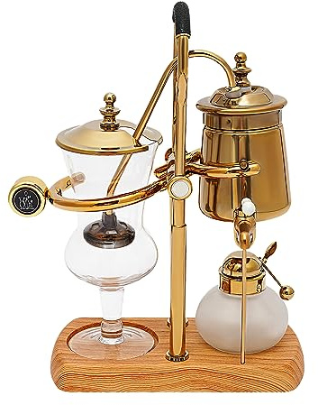 Charocean Luxury Siphon Balance - Juego de Cafetera con Sifón, Retro y al Vacío, Tetera, Base de Madera Natural y Pomo (Dorado)