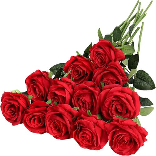 10 PCS Red Artificial Roses, Artificial White Roses Silk Flowers, Bridal Wedding Bouquet Realistic Flower for Home Garden Party Arrangment Garden Decoration
