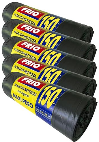 FRIO - 50 sacchi neri grandi, 150 litri, buste spazzatura condominiali MAXI PESO per bidone spazzatura, raccolta differenziata, con legacci. Sacchetti spazzatura 80x120 cm, multistrato, resistenti