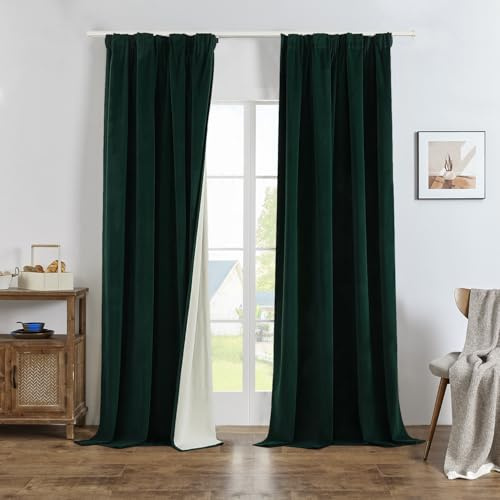 Joydeco 100 % ogenomskinliga sammetsgardiner med veckband, set om 2 stycken H 225 x B 132 mörkgrönt skensystem, skjutgardin, mörkläggningsgardin, termisk gardin, köldskydd, gardiner, sovrum