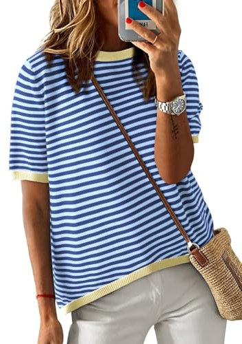 Cuptacc Tops Für Damen T Shirt Rundhals Oberteile Damen Sommer Oversize Shirt Locker Baumwolle T-Shirt Blau 2XL 50-52