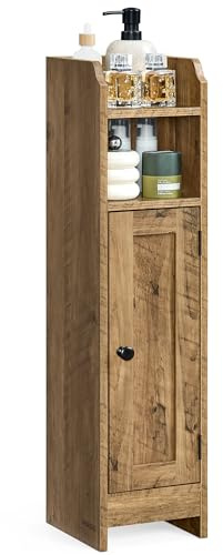VASAGLE Slim Bathroom Floor Storage Cabinet with Door, 20 x 18 x 80 cm, Freestanding Bathroom Storage Unit, Narrow Bathroom Toilet Paper Storage Cabinet, Adjustable Shelves, Honey Brown BBK310K01