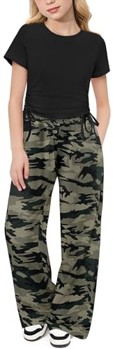 Arshiner Girls Pant Sets Black Short Sleeve Ruched Drawstring Crewneck Tops and Camouflage Pants with Pockets 10-12 Years