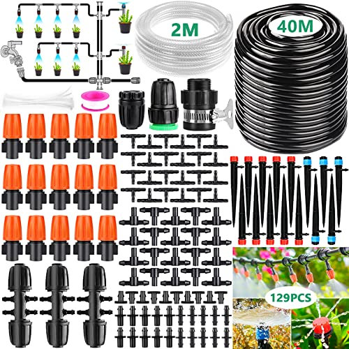 ZPQAODI Système d'irrigation de jardin, 129 pièces, 40 m, kit d'irrigation de jardin, micro gouttelette, automatique, arrosage de jardin, pour paysage, lit de fleurs, terrasse, plantes