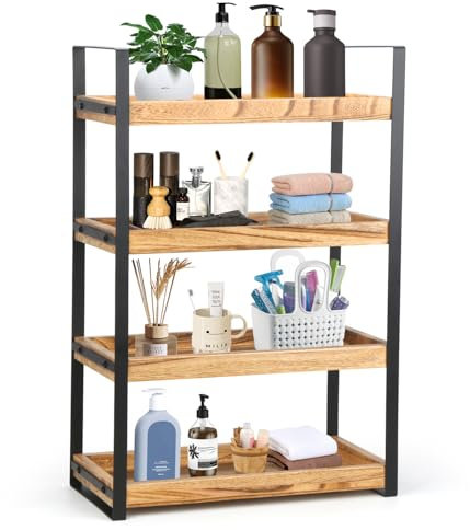 MUCOOS 4 Ebenen Standregal Badezimmer Organizer, Feuchtigkeitsgeschützt Holzregal Badezimmer Regal Holz mit Metallgestell, Multifunktionales Gewürzregal, Schreibtisch-Organizer für Küche