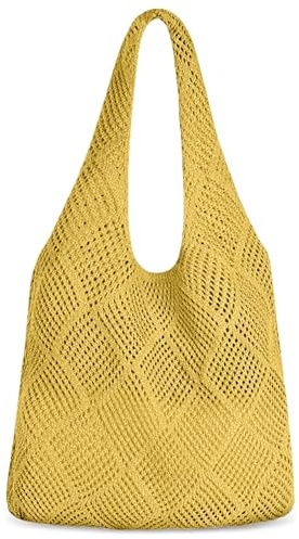Aucuu Bolso de Hombro de Punto para Mujer, Bolso de Playa para Mujer, Bolso de Ganchillo, para Fiestas en la Playa Viajes Compras Picnic, Vacaciones-Amarillo gardenia