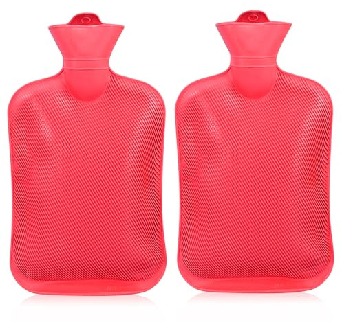 Confezione da 2 bottiglie dell'acqua calda, 2 l, senza rivestimento, in gomma naturale, sicura e durevole, grande, regalo per bambini e adulti (rosso)