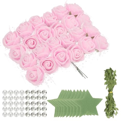 QUARKZMAN 504pcs Teste Di Rosa In Schiuma, 1 Fiori Finti Senza Stelo In Schiuma Artificiale Con Foglie Perle Diamanti Per Accessori Fai Da Te, Decorazioni Per La Casa, Rosa Chiaro