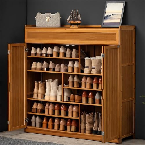 angroups Mueble Zapatero de 4 Puertas Armario de 7 Niveles para Zapatos Mueble Auxiliar con Cajón y Estantes Ajustables Sala de Estar，Zapatero Entrada Recibidor 117x35x115cm