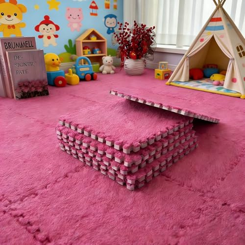 Lot de 12 tapis en mousse à emboîter - Pour salon et chambre à coucher - Tapis de sol avec bordure - Tapis de jeu doux - 30 x 30 x 1 cm - Rouge rose