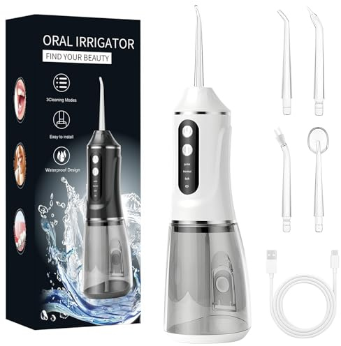 Idropulsore Dentale Oral,Irrigatore Orale,Idropulsore Dentale Portatile,Elettrico Oral Water,con 5 Modalità e 6 Beccucci,Serbatoio da 380ml,Impermeabile IPX7,per Uso Domestico e Viaggi(Bianco)